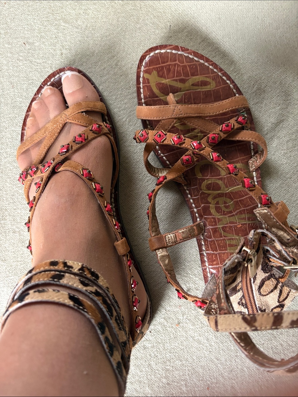 Sam Edelman Tan Strappy Sandals with Pink Studs and Leopard Ankle Wrap